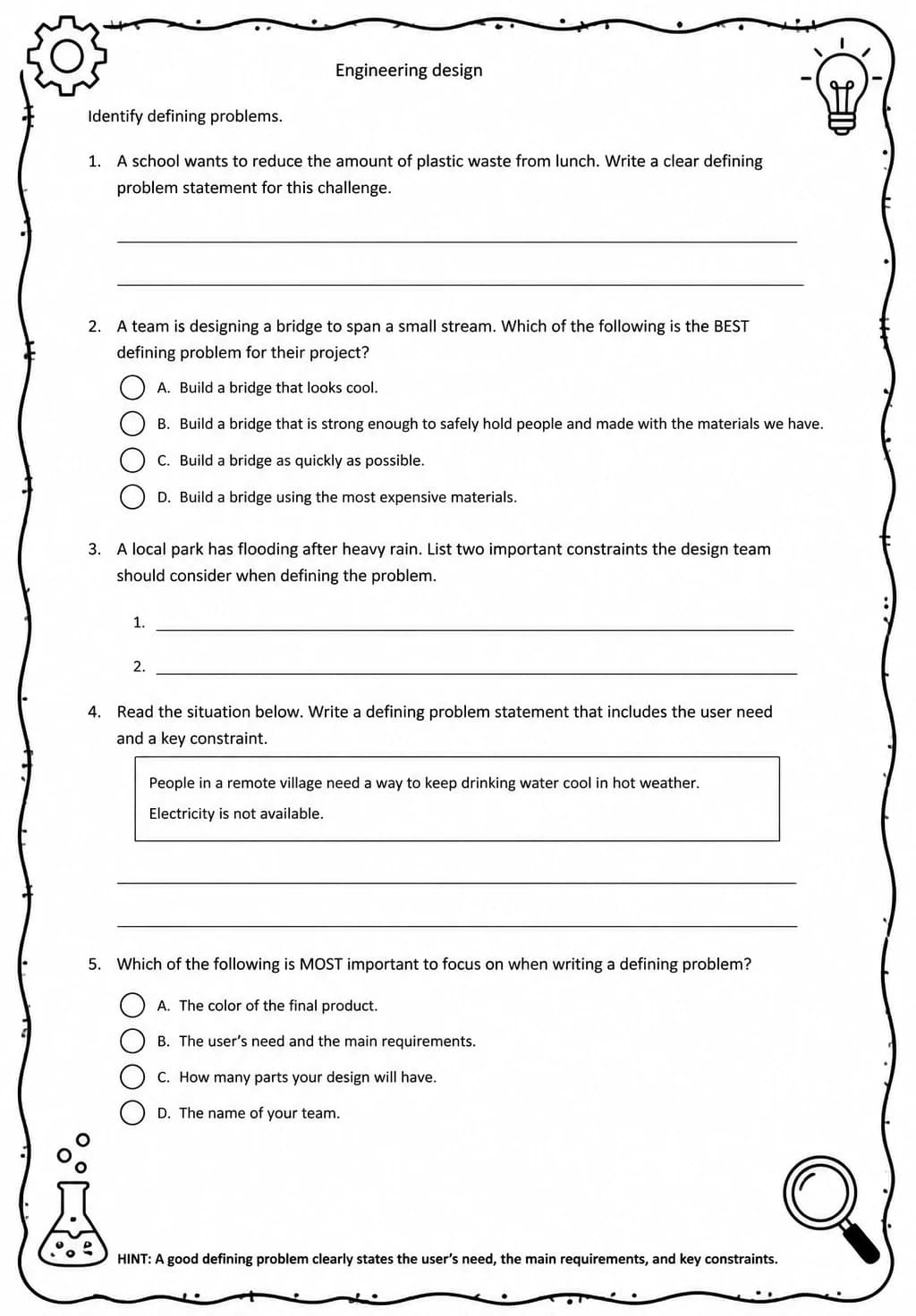 Identify defining problems — free printable Grade 5 Science worksheet