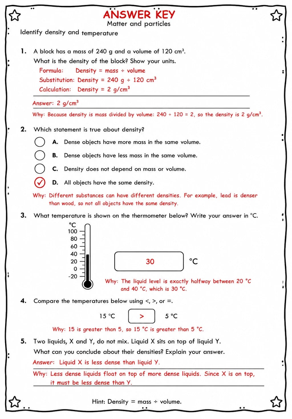 Answer key for Identify density and temperature — free printable Science worksheet