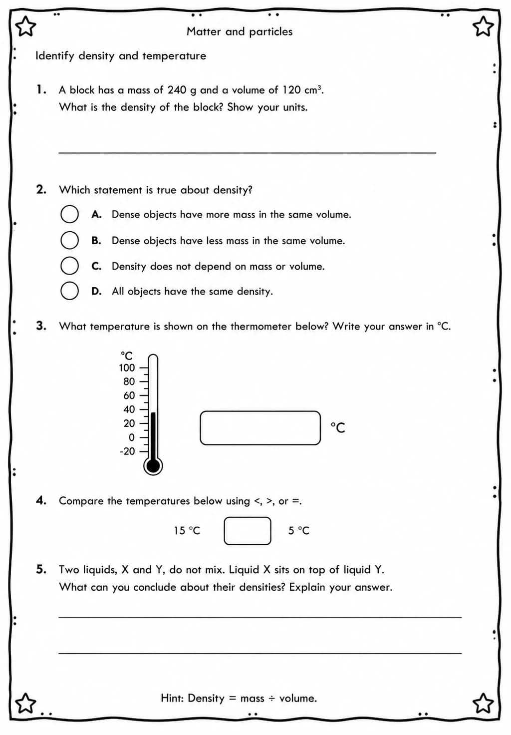 Identify density and temperature — free printable Middle School Science worksheet