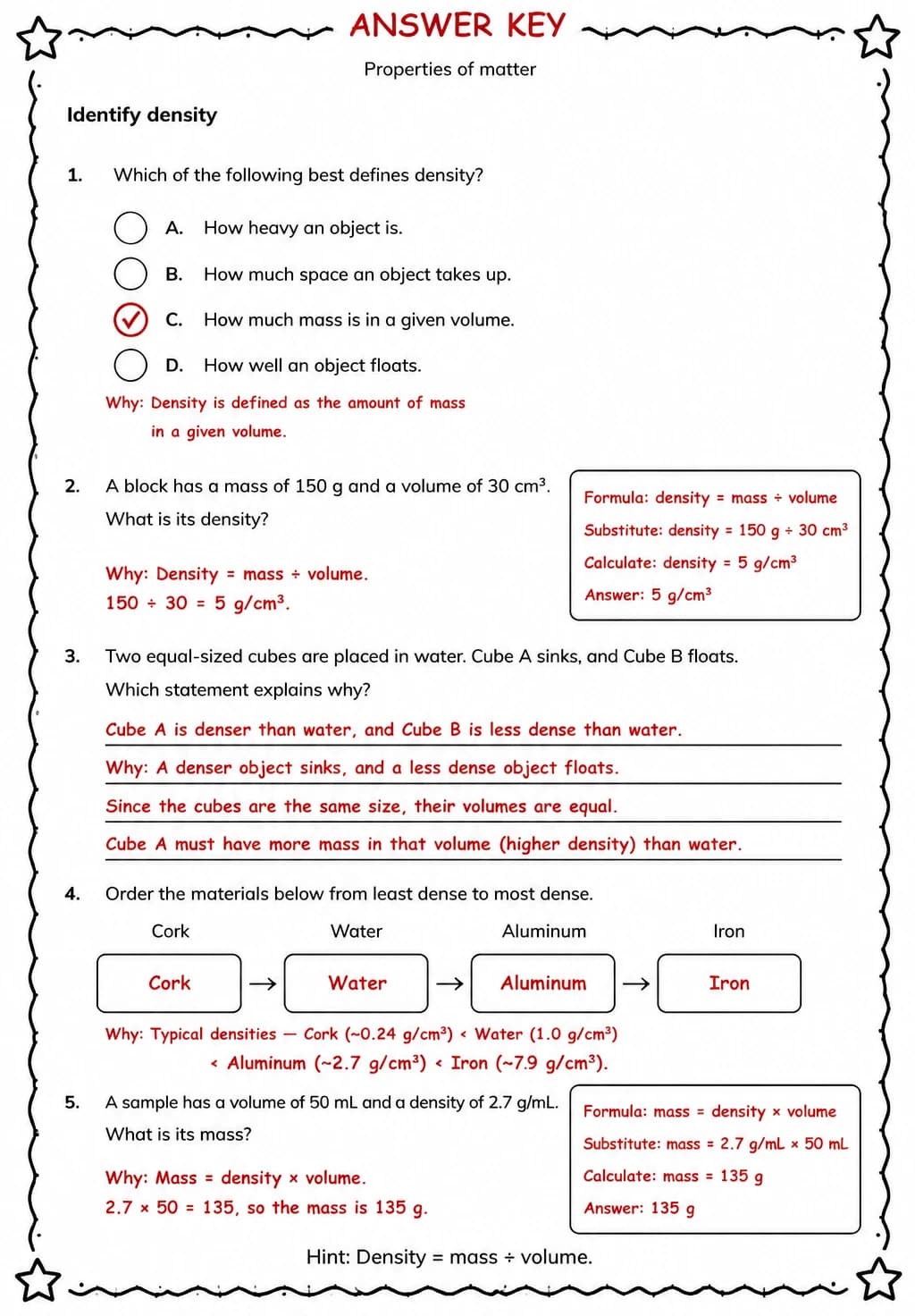 Answer key for Identify density — free printable Science worksheet