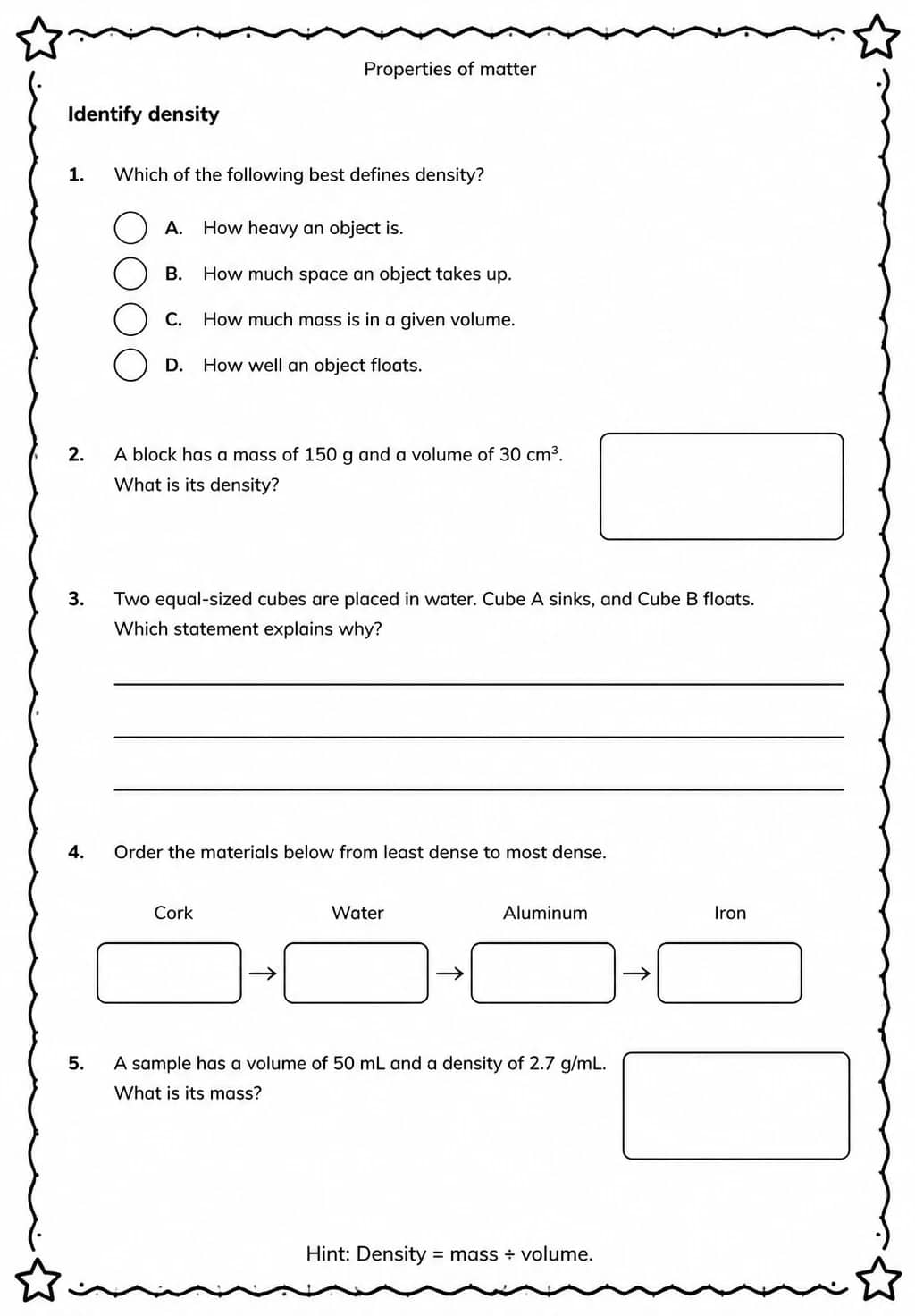 Identify density — free printable Grade 5 Science worksheet