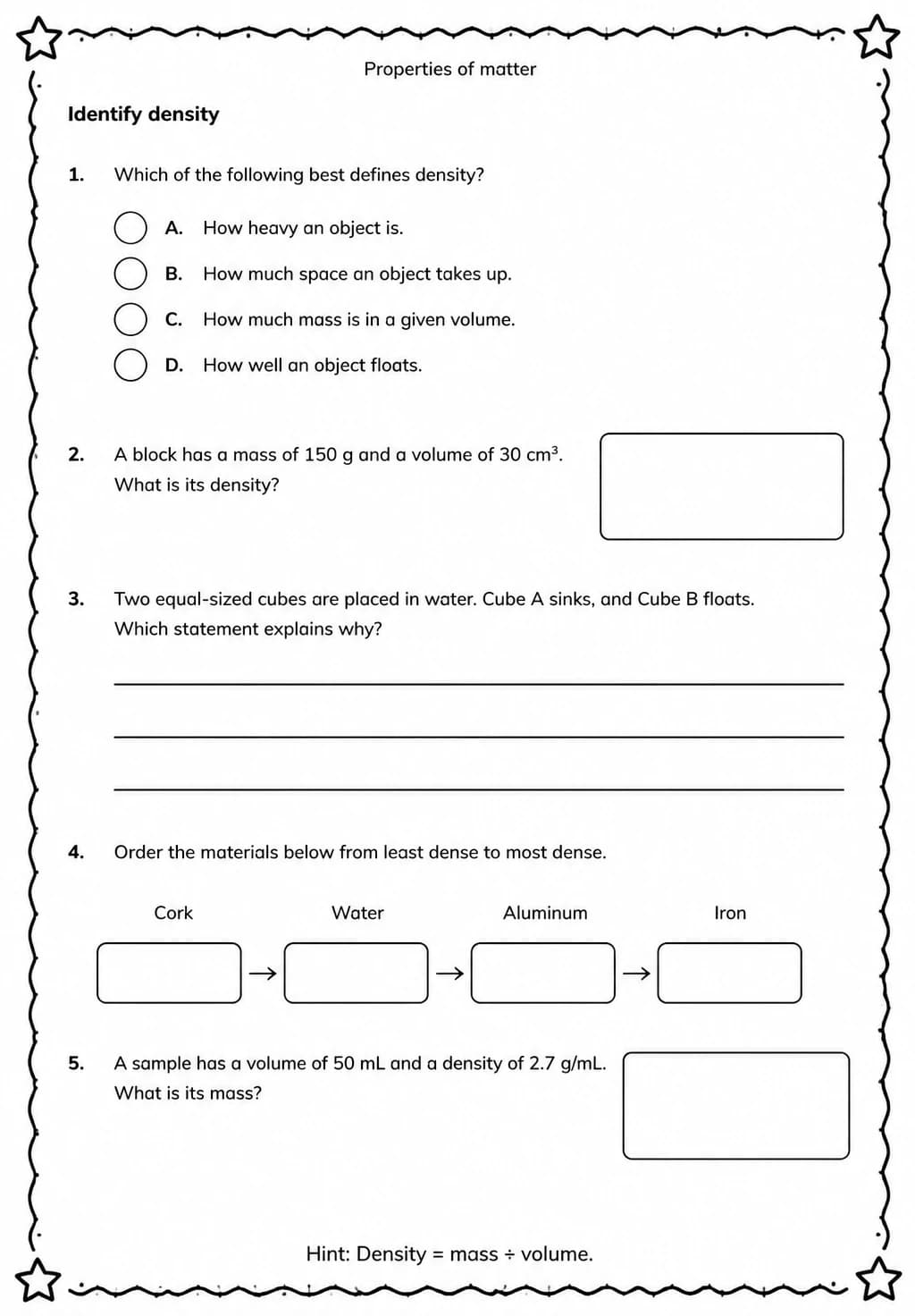 Identify density — free printable Grade 5 Science worksheet