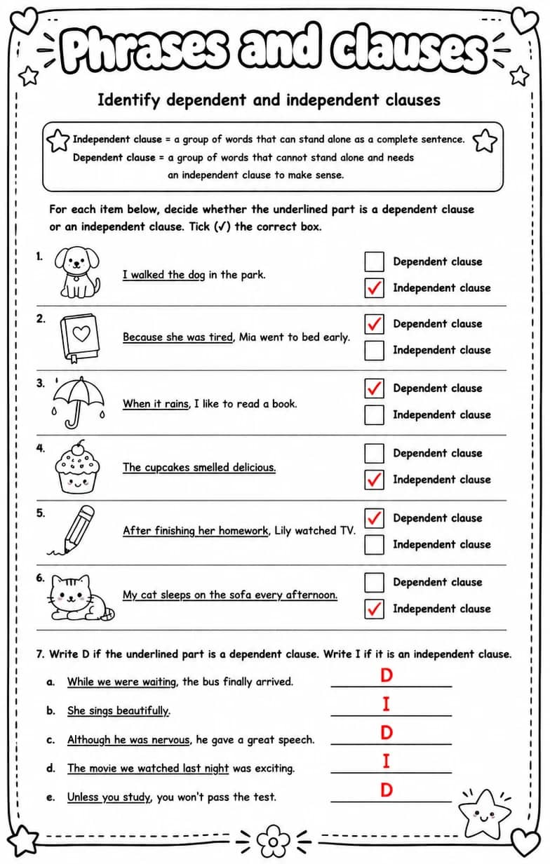 Answer key for Identify dependent and independent clauses — free printable English & Reading worksheet