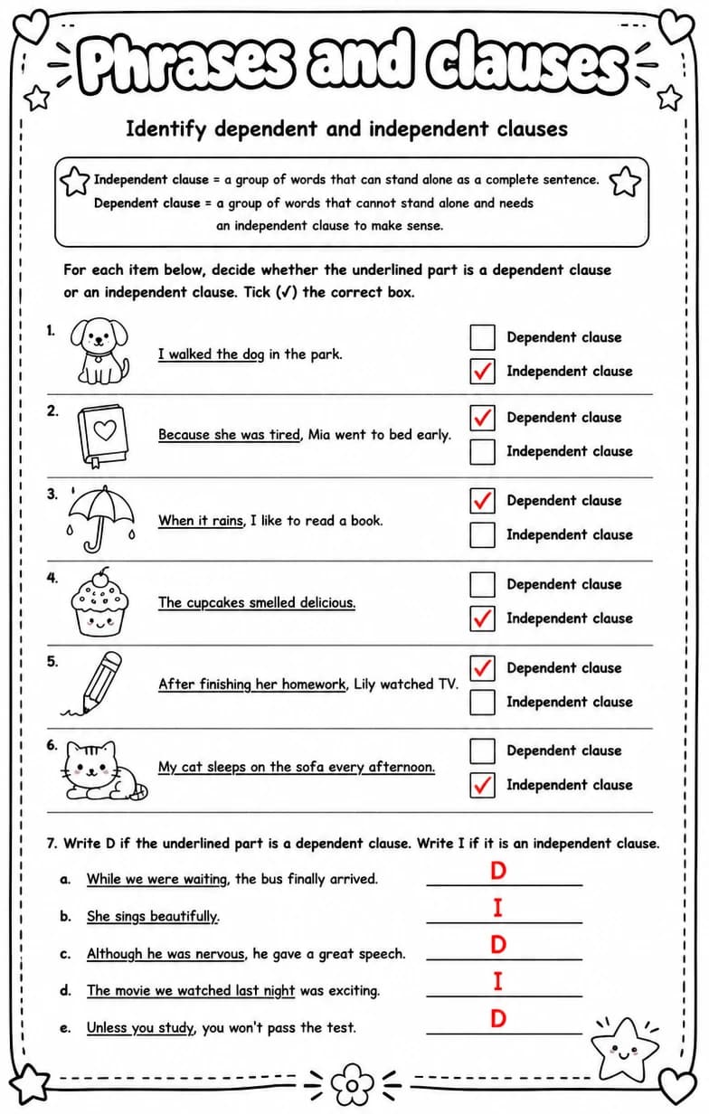Answer key for Identify dependent and independent clauses — free printable English & Reading worksheet