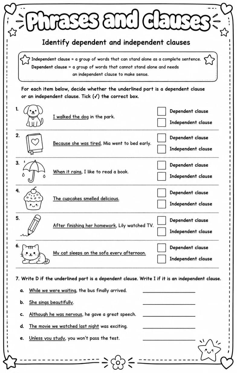 Identify dependent and independent clauses — free printable Grammar and mechanics English worksheet