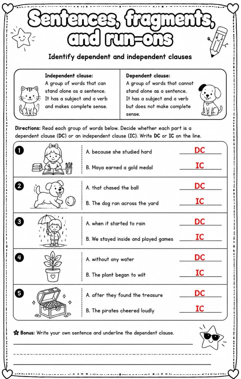Answer key for Identify dependent and independent clauses — free printable English & Reading worksheet