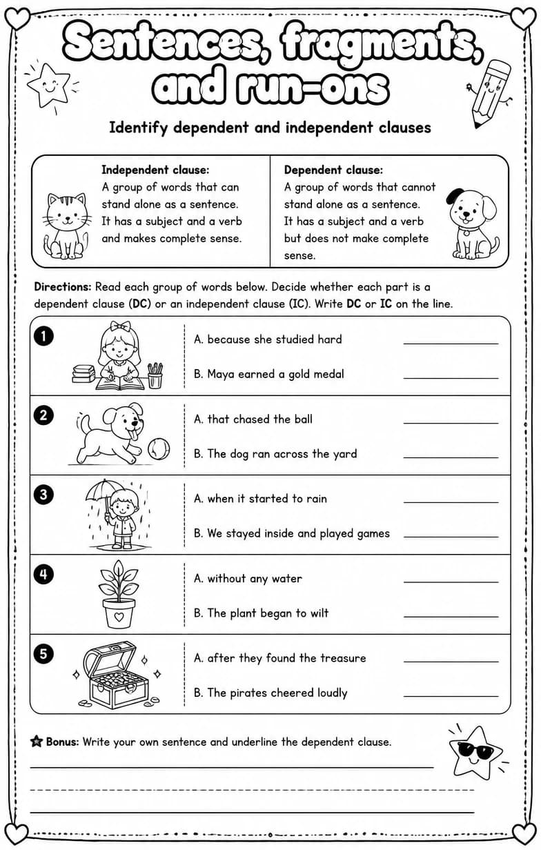 Identify dependent and independent clauses