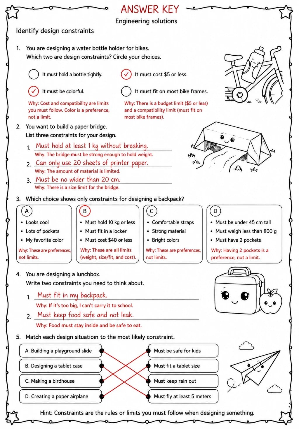 Answer key for Identify design constraints — free printable Science worksheet