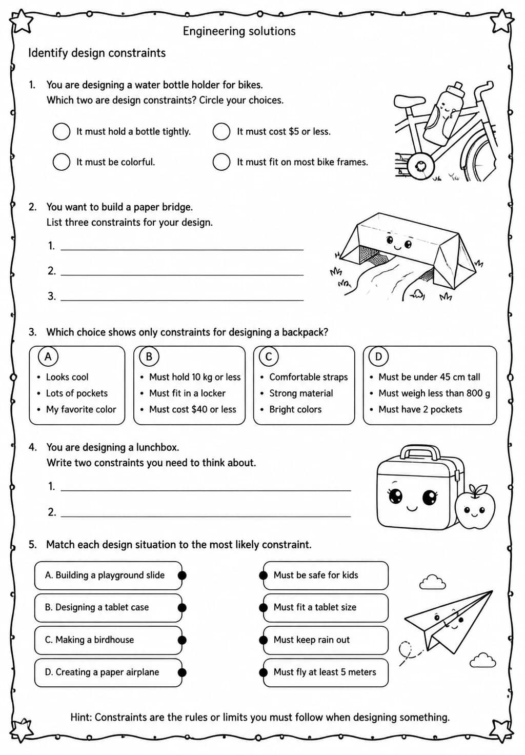 Identify design constraints — free printable Grade 4 Science worksheet