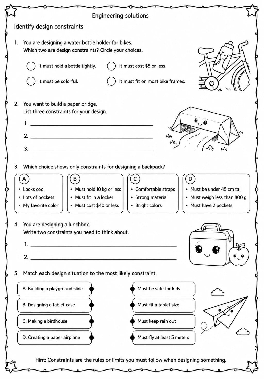 Identify design constraints — free printable Grade 4 Science worksheet