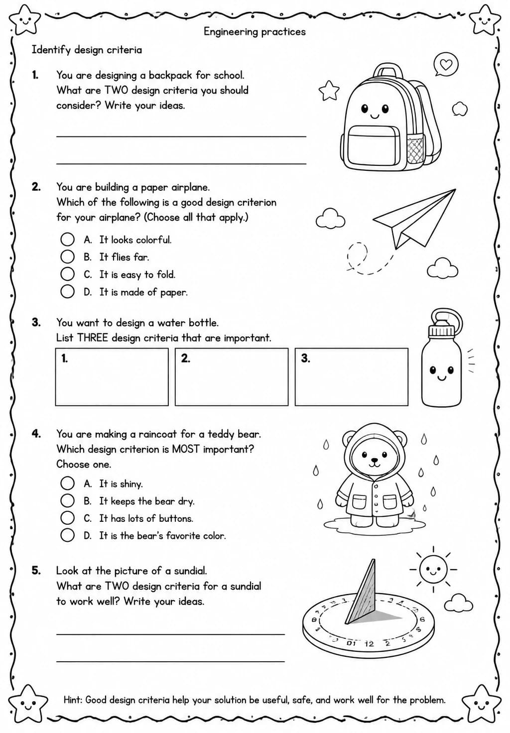 Identify design criteria — free printable Grade 2 Science worksheet