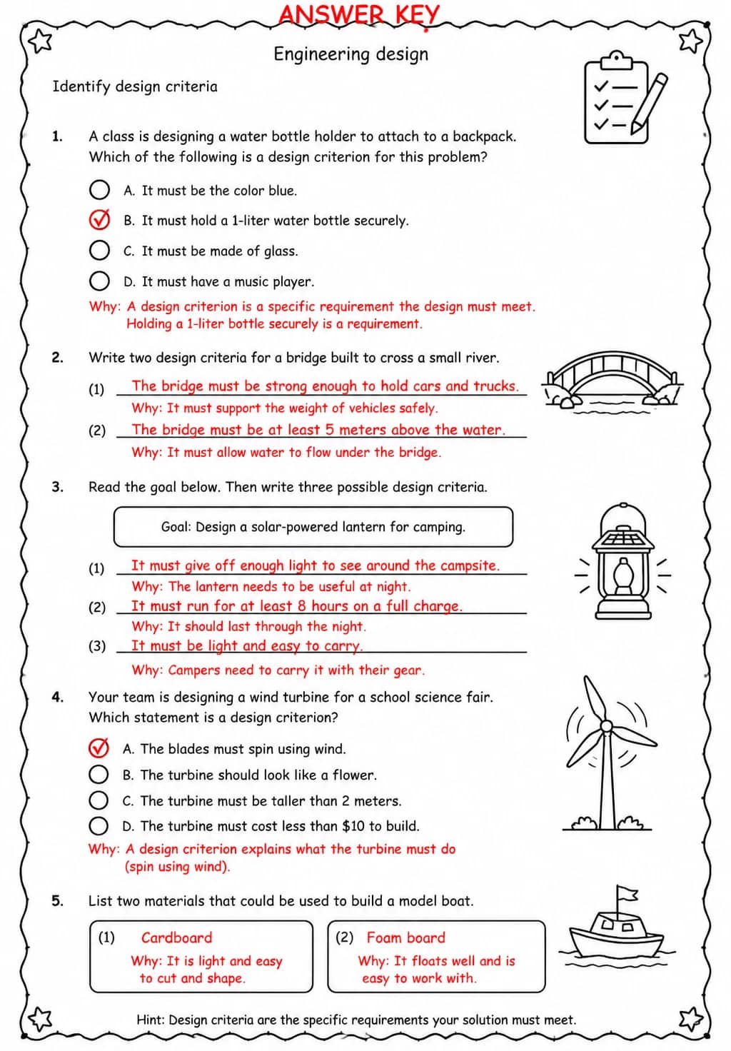 Answer key for Identify design criteria — free printable Science worksheet