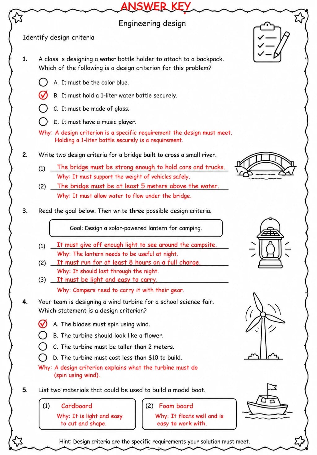 Answer key for Identify design criteria — free printable Science worksheet