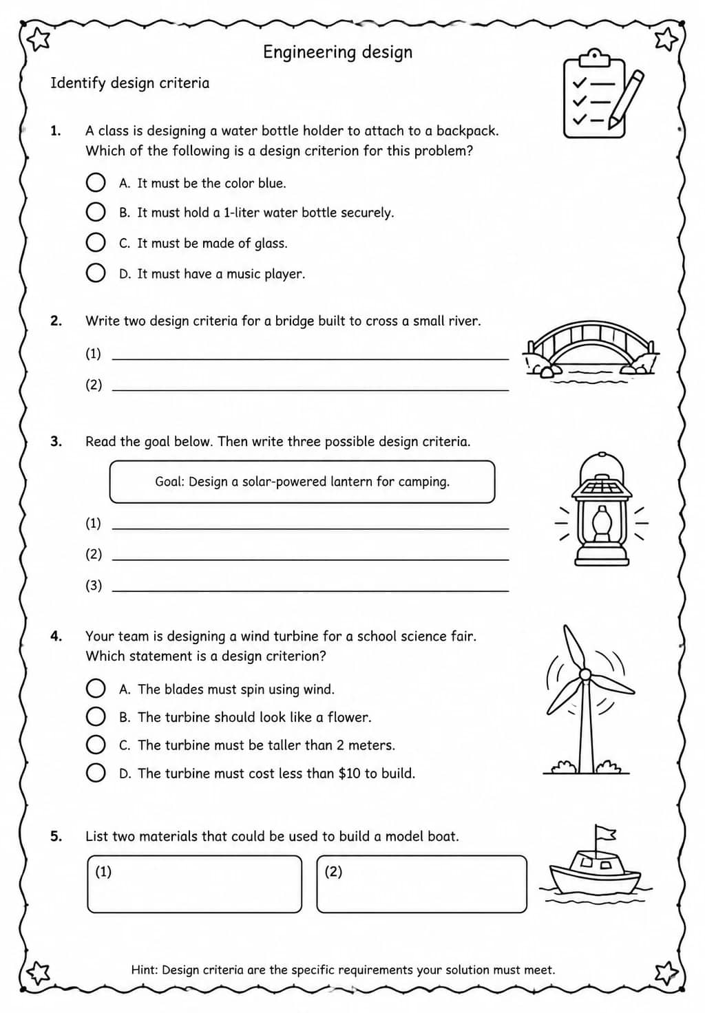 Identify design criteria — free printable Grade 5 Science worksheet