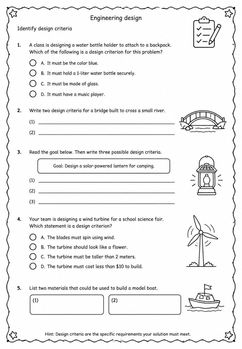 Identify design criteria — free printable Grade 5 Science worksheet