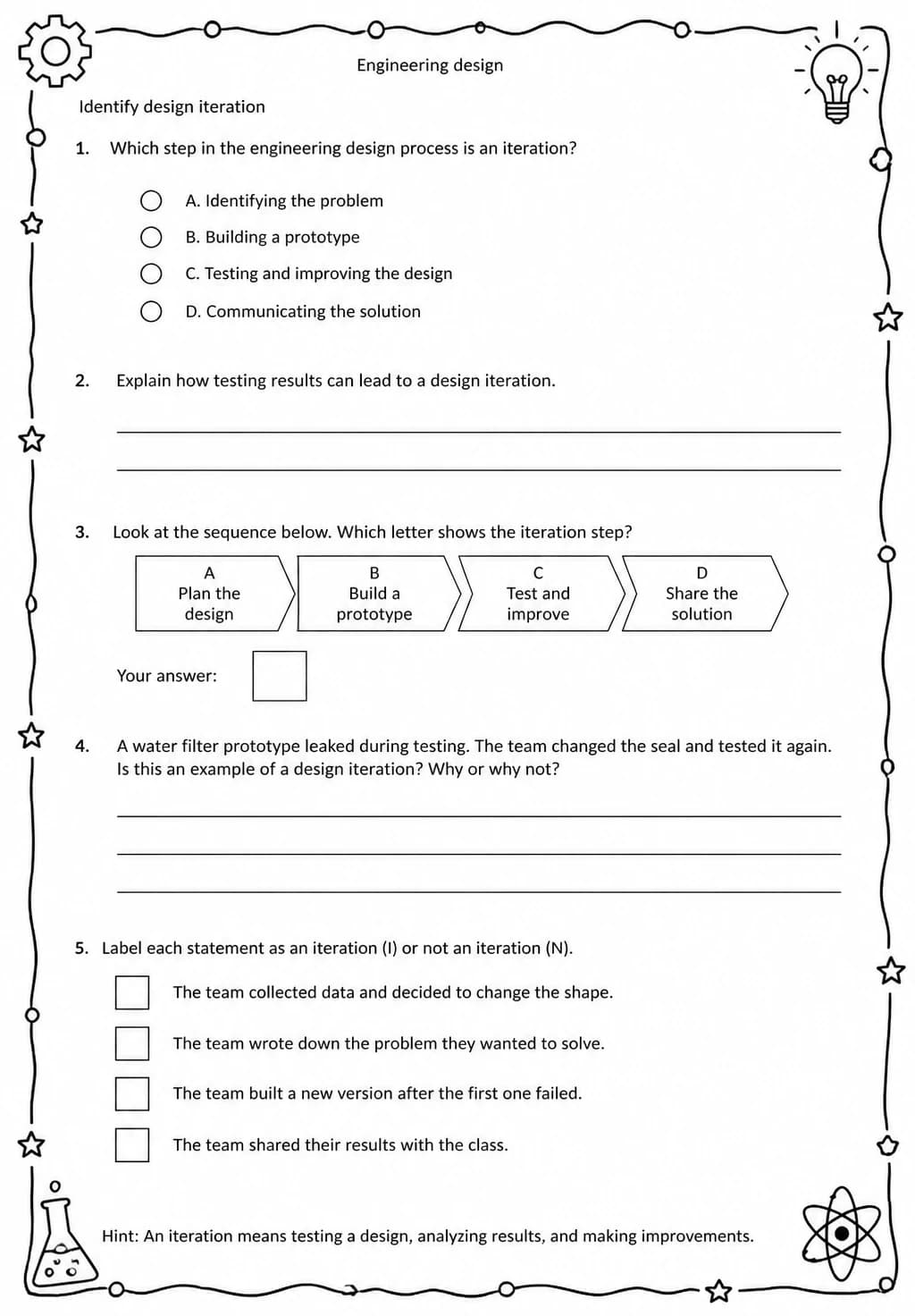 Identify design iteration — free printable Middle School Science worksheet