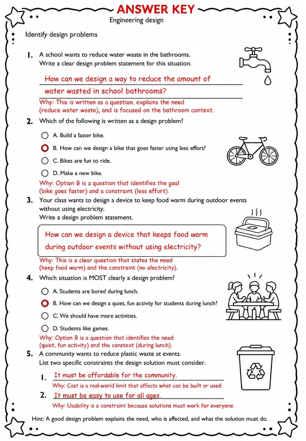 Answer key for Identify design problems — free printable Science worksheet