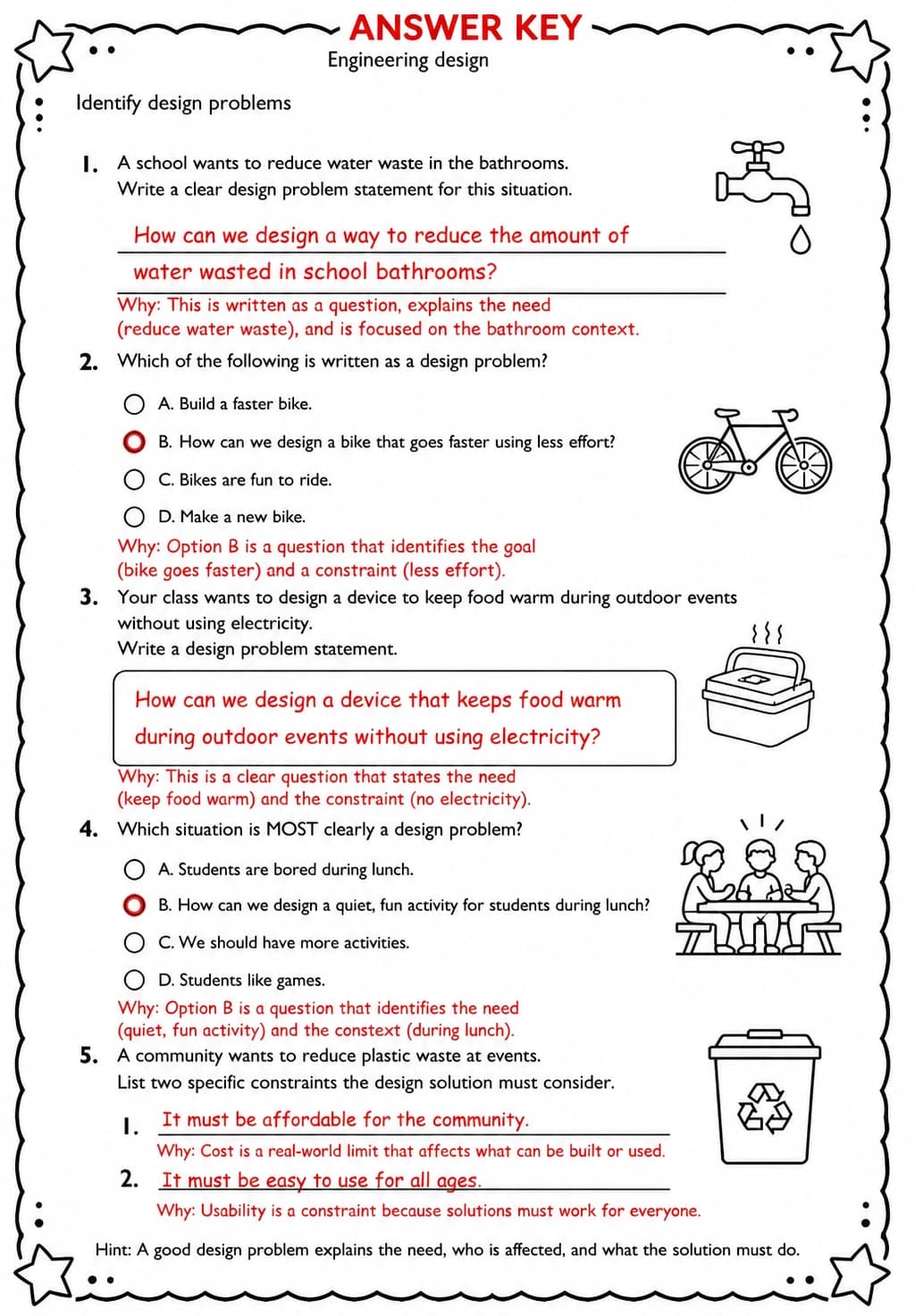 Answer key for Identify design problems — free printable Science worksheet