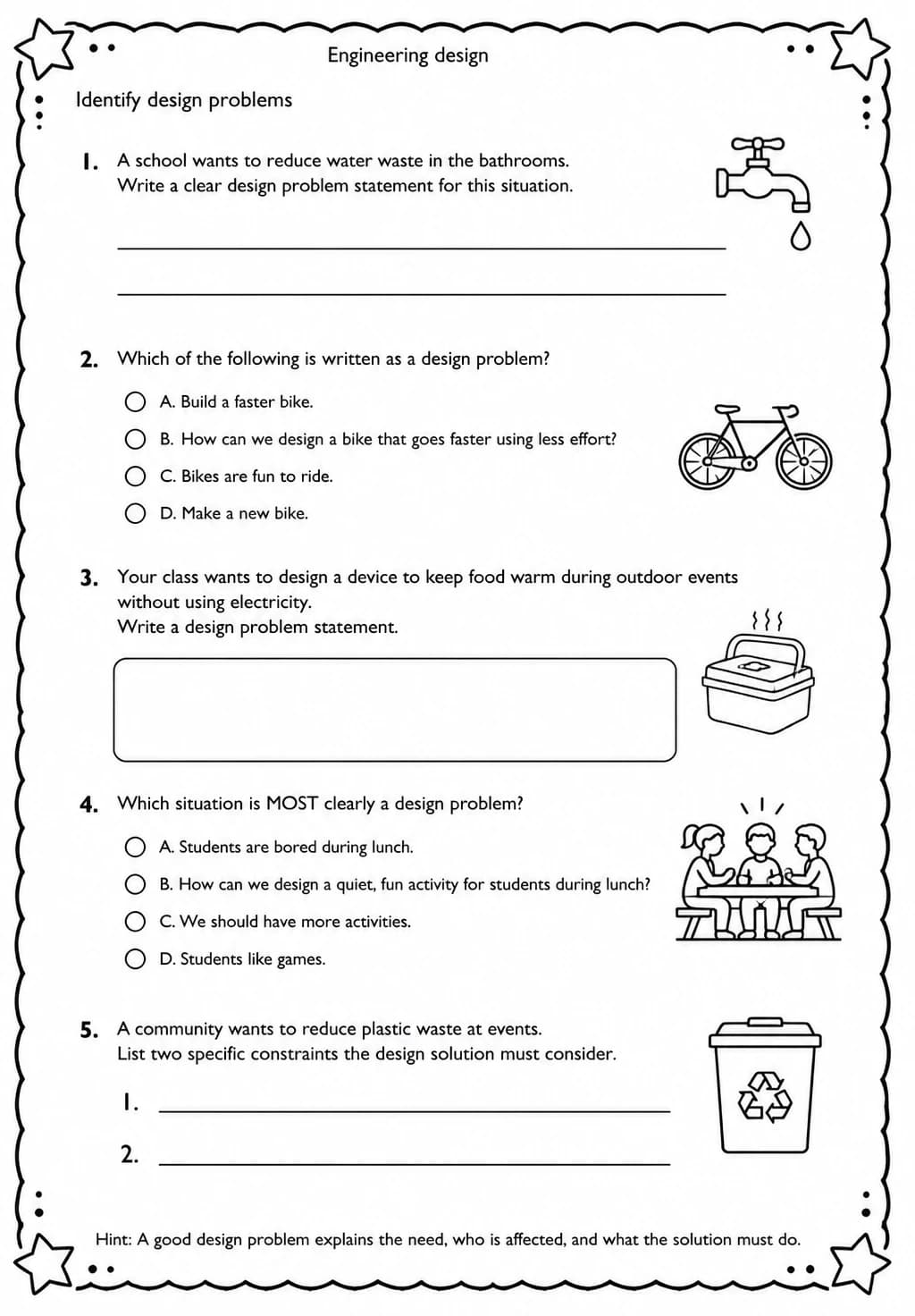 Identify design problems — free printable Middle School Science worksheet