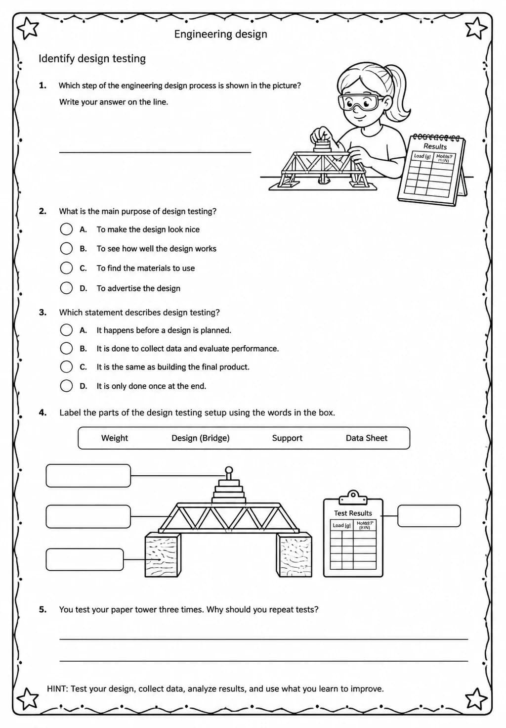 Identify design testing — free printable Middle School Science worksheet