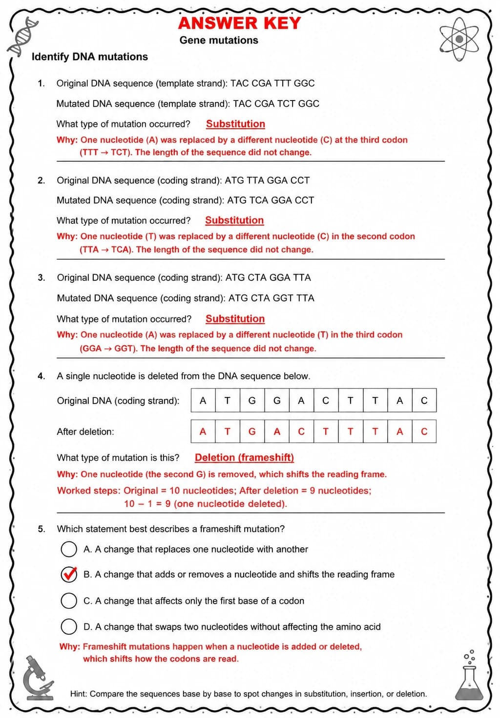Answer key for Identify DNA mutations — free printable Science worksheet
