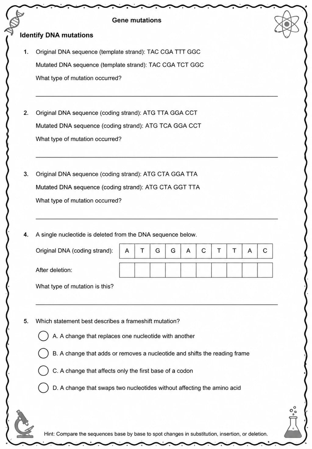 Identify DNA mutations — free printable Middle School Science worksheet