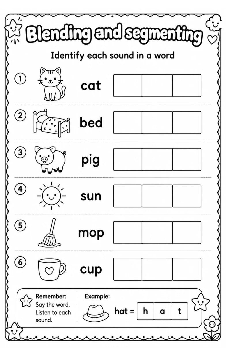 Identify each sound in a word — free printable Reading foundations English worksheet