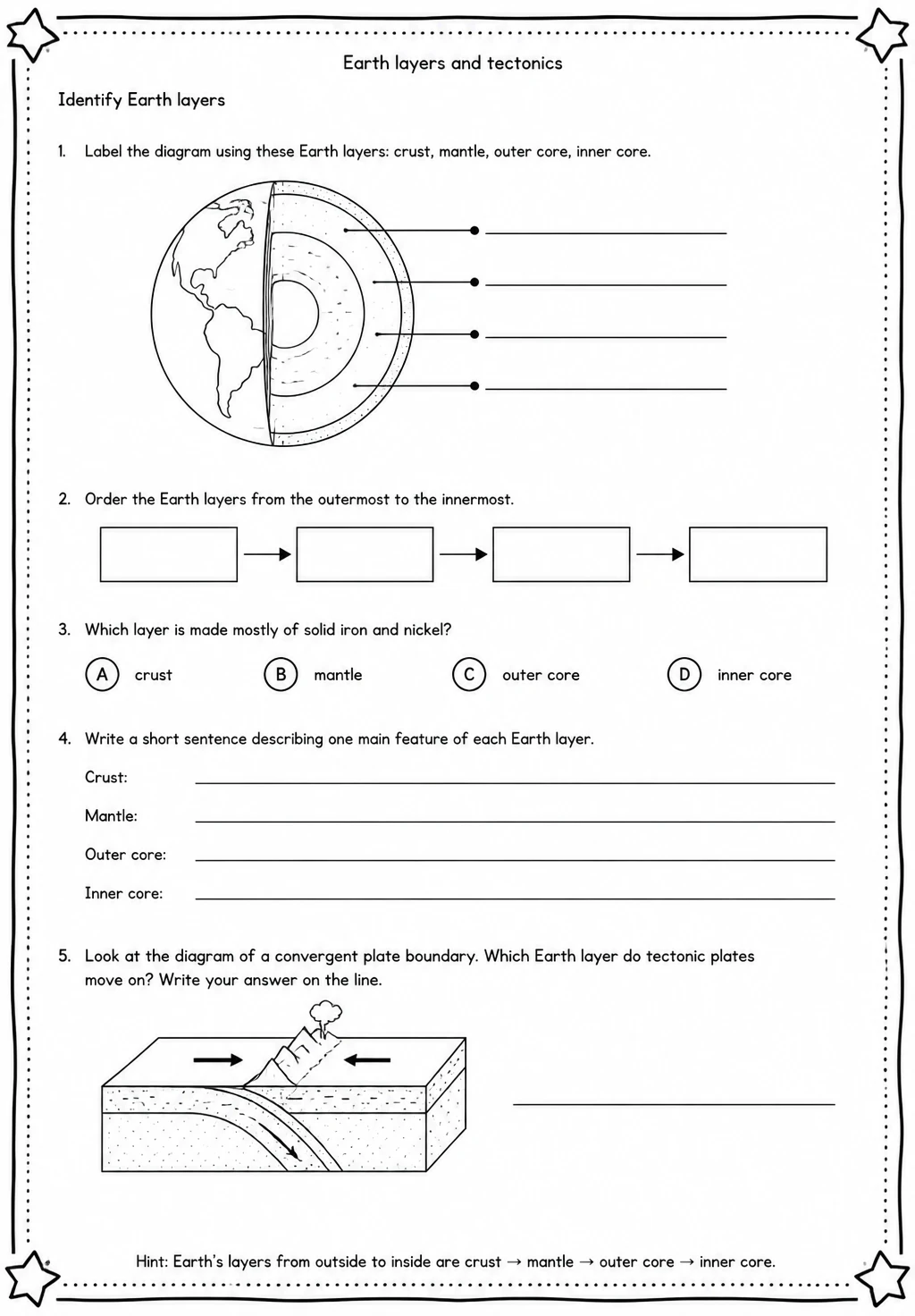 Identify Earth layers — free printable Middle School Science worksheet