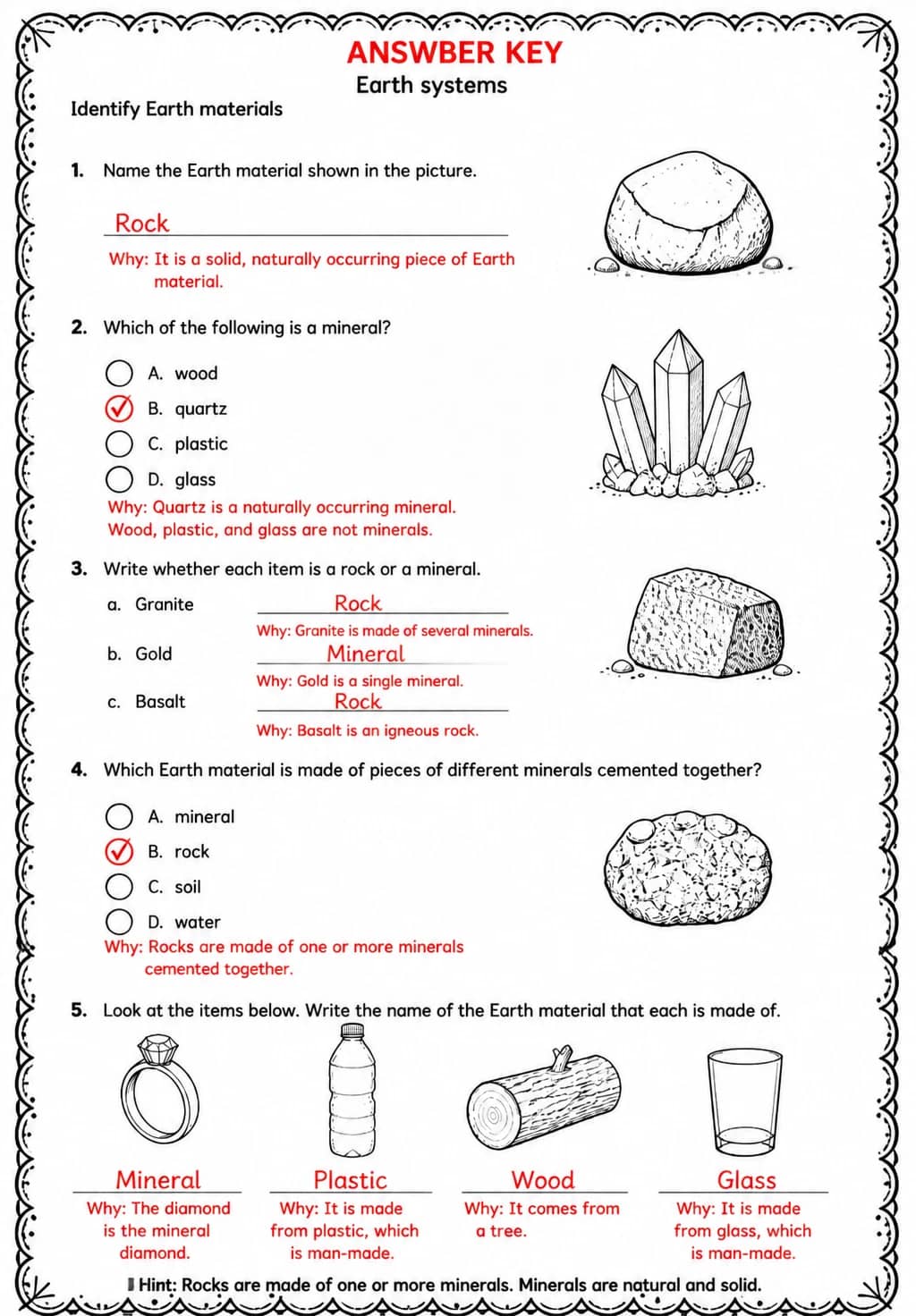Answer key for Identify Earth materials — free printable Science worksheet
