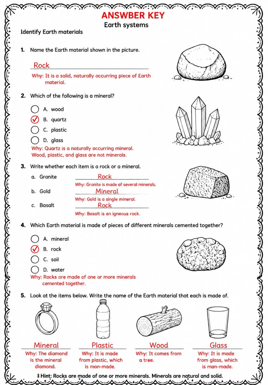 Answer key for Identify Earth materials — free printable Science worksheet