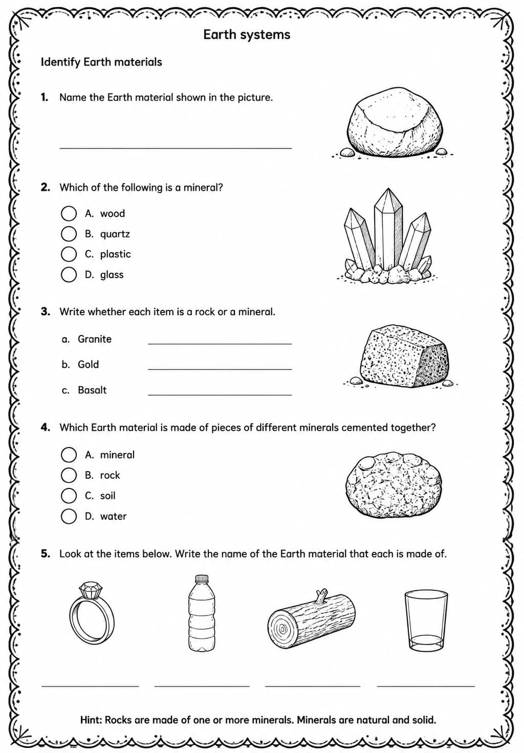 Identify Earth materials — free printable Middle School Science worksheet