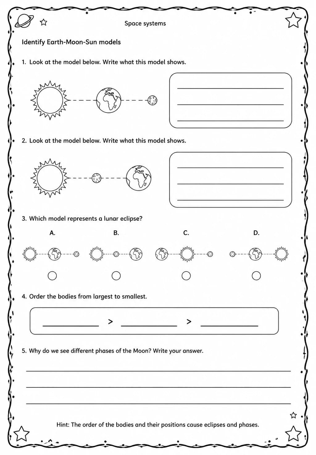 Identify Earth-Moon-Sun models — free printable Middle School Science worksheet