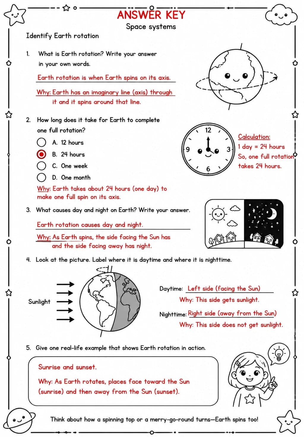 Answer key for Identify Earth rotation — free printable Science worksheet