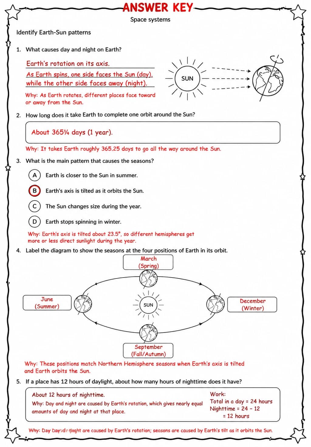 Answer key for Identify Earth-Sun patterns — free printable Science worksheet