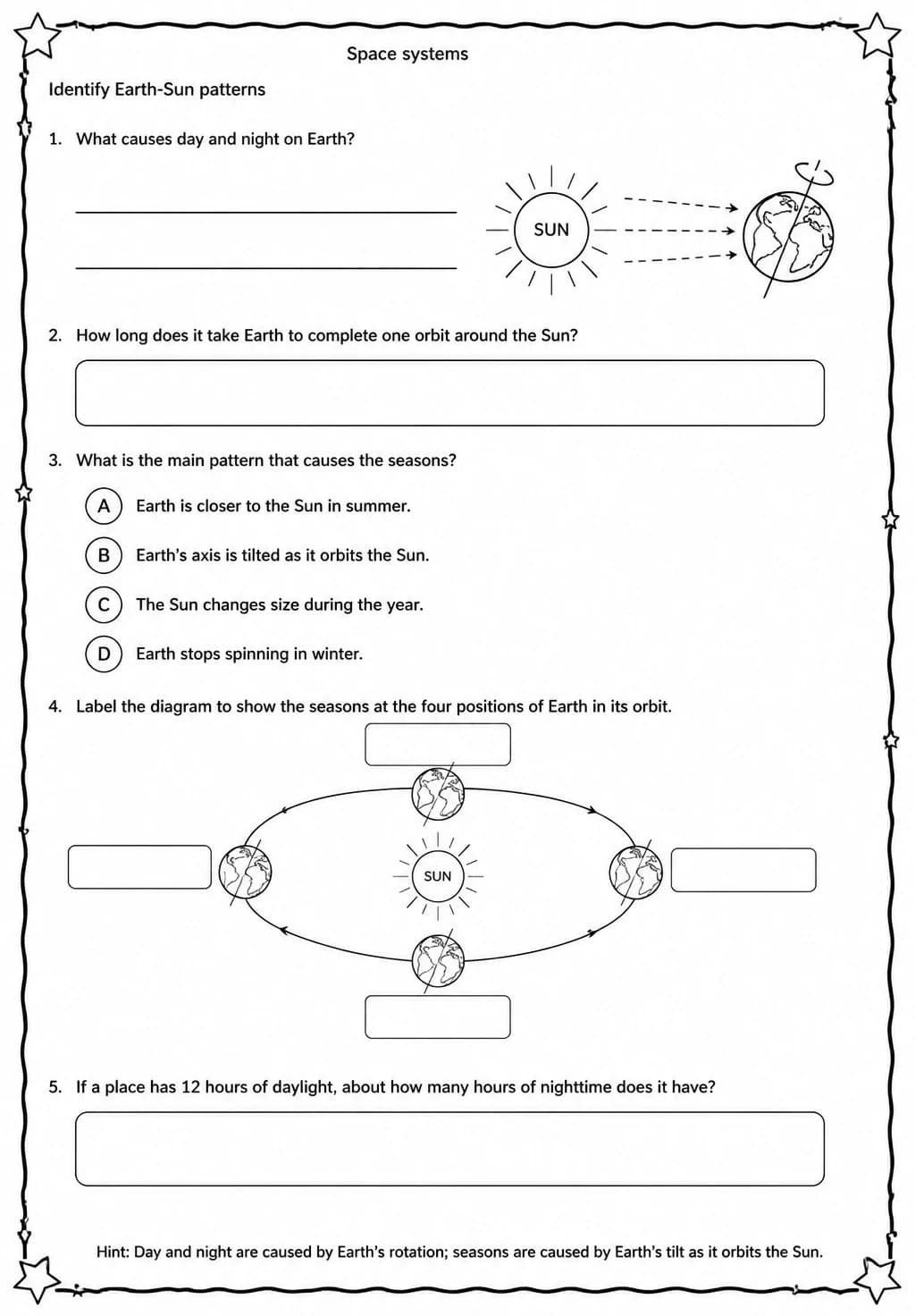 Identify Earth-Sun patterns — free printable Grade 5 Science worksheet