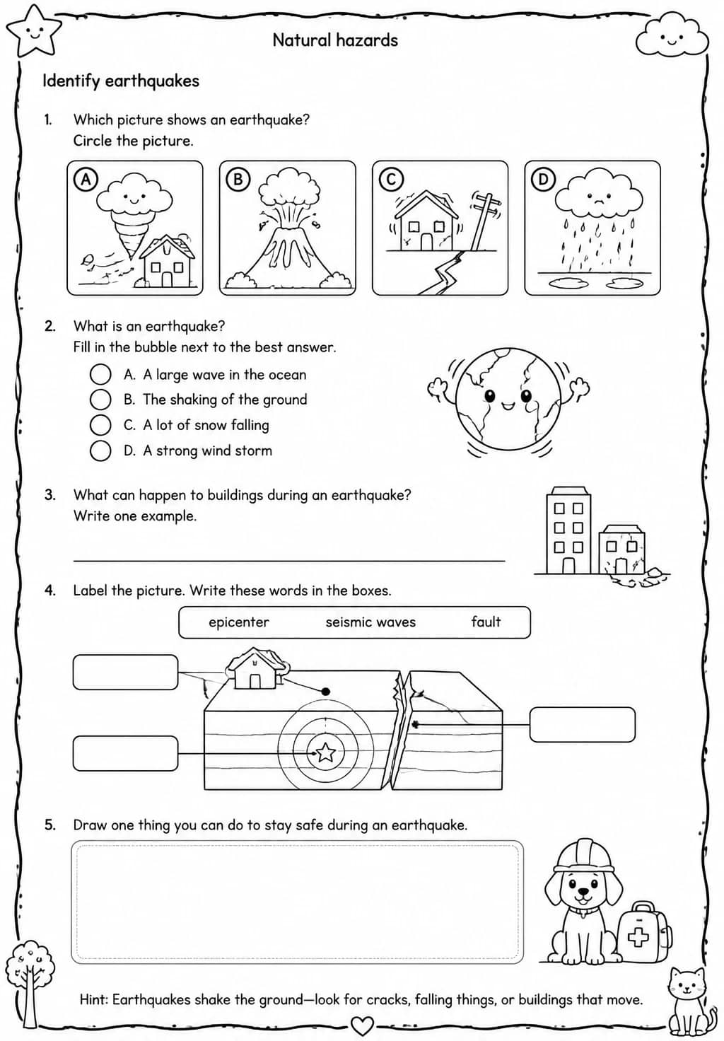 Identify earthquakes — free printable Grade 3 Science worksheet