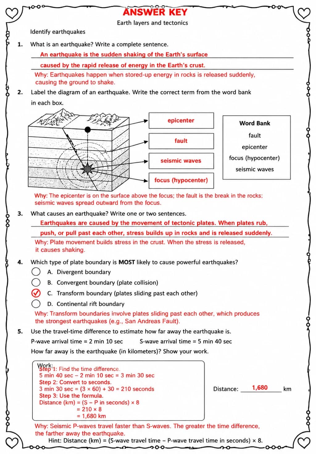 Answer key for Identify earthquakes — free printable Science worksheet