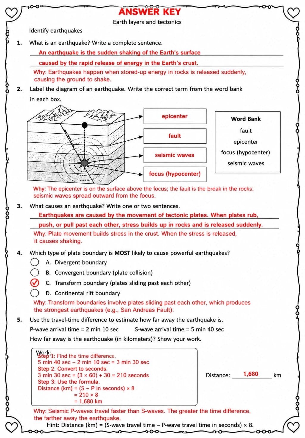 Answer key for Identify earthquakes — free printable Science worksheet