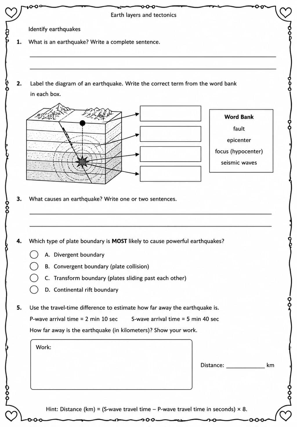 Identify earthquakes — free printable Middle School Science worksheet