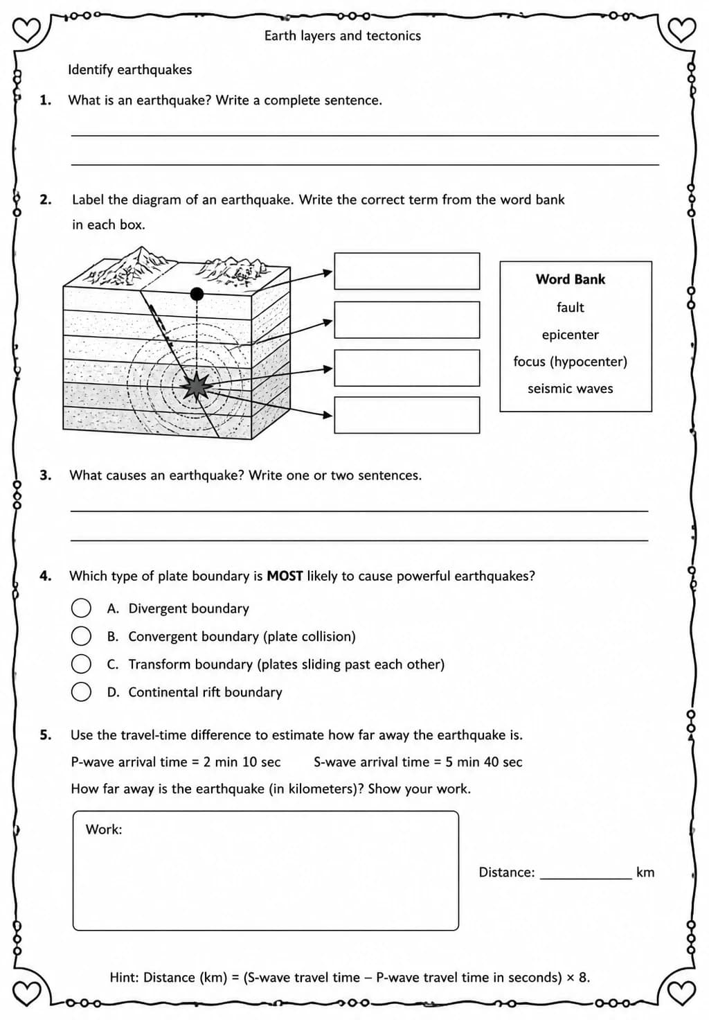 Identify earthquakes — free printable Middle School Science worksheet
