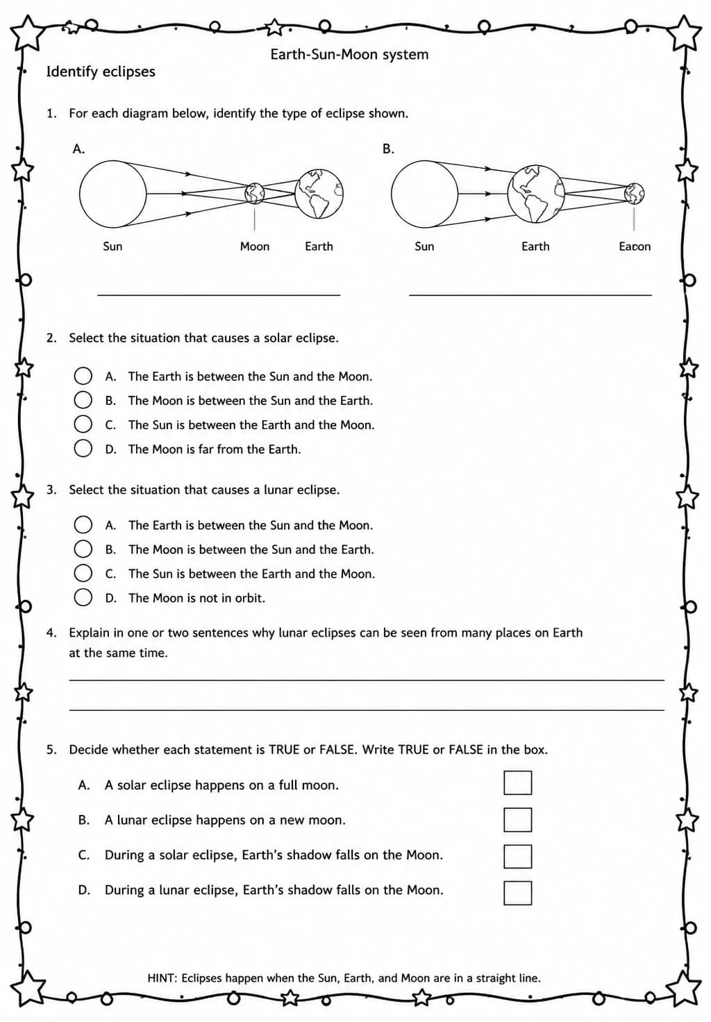Identify eclipses — free printable Middle School Science worksheet