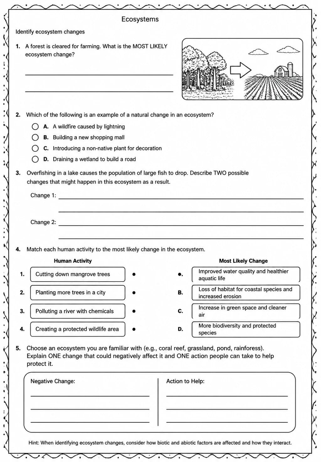 Identify ecosystem changes — free printable Middle School Science worksheet
