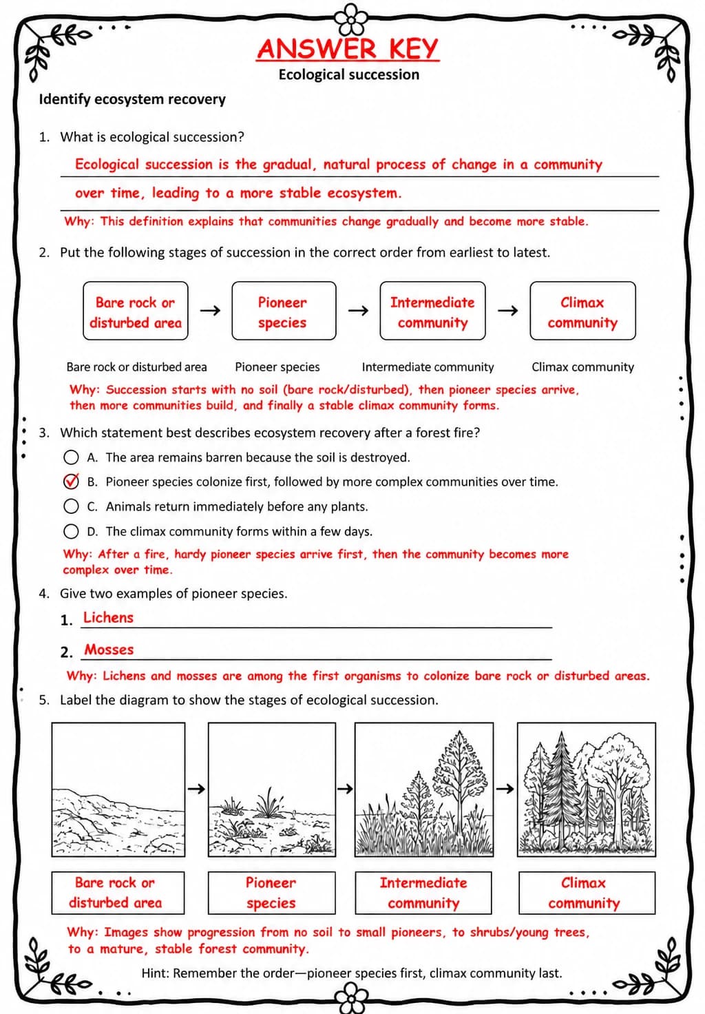 Answer key for Identify ecosystem recovery — free printable Science worksheet
