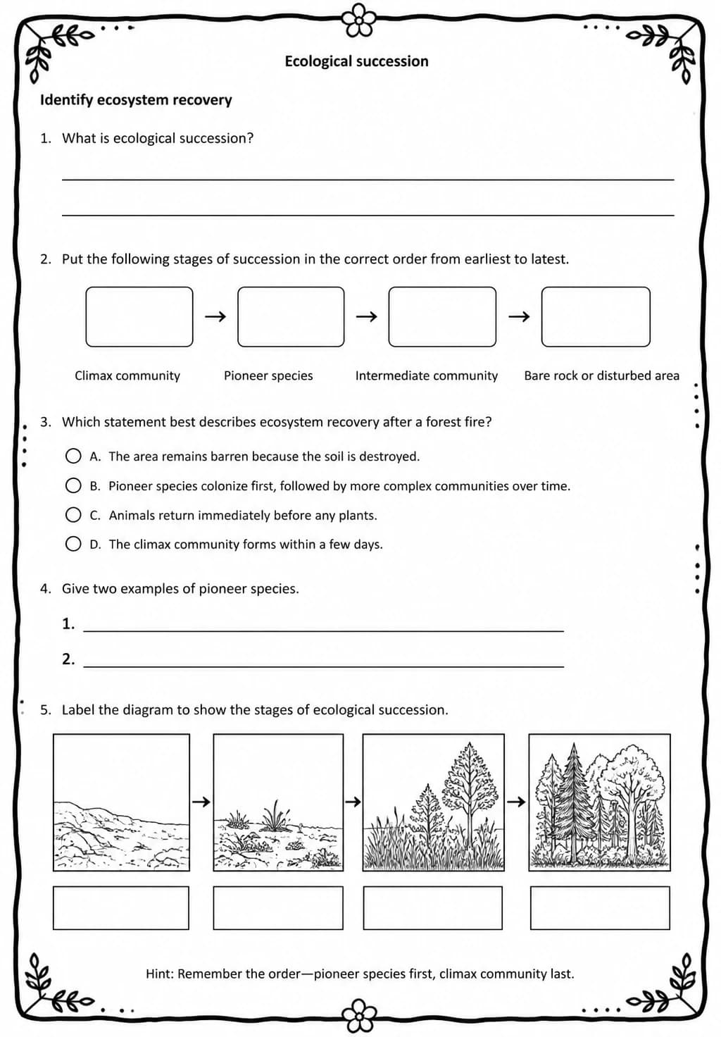 Identify ecosystem recovery — free printable Middle School Science worksheet