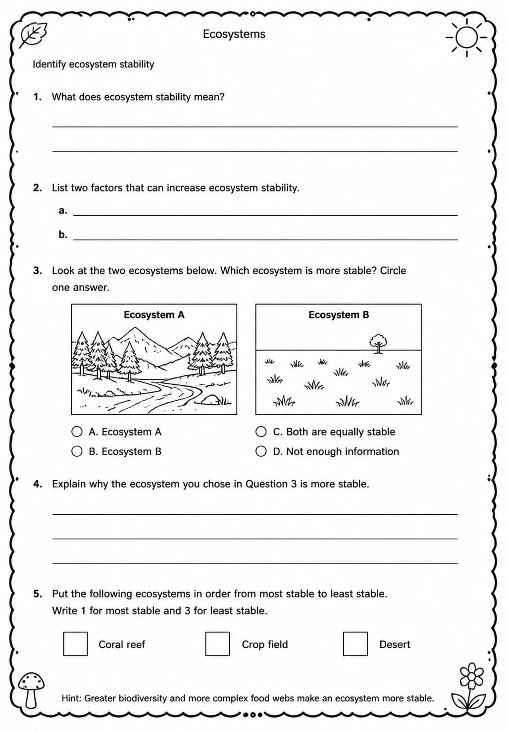 Identify ecosystem stability — free printable Grade 5 Science worksheet