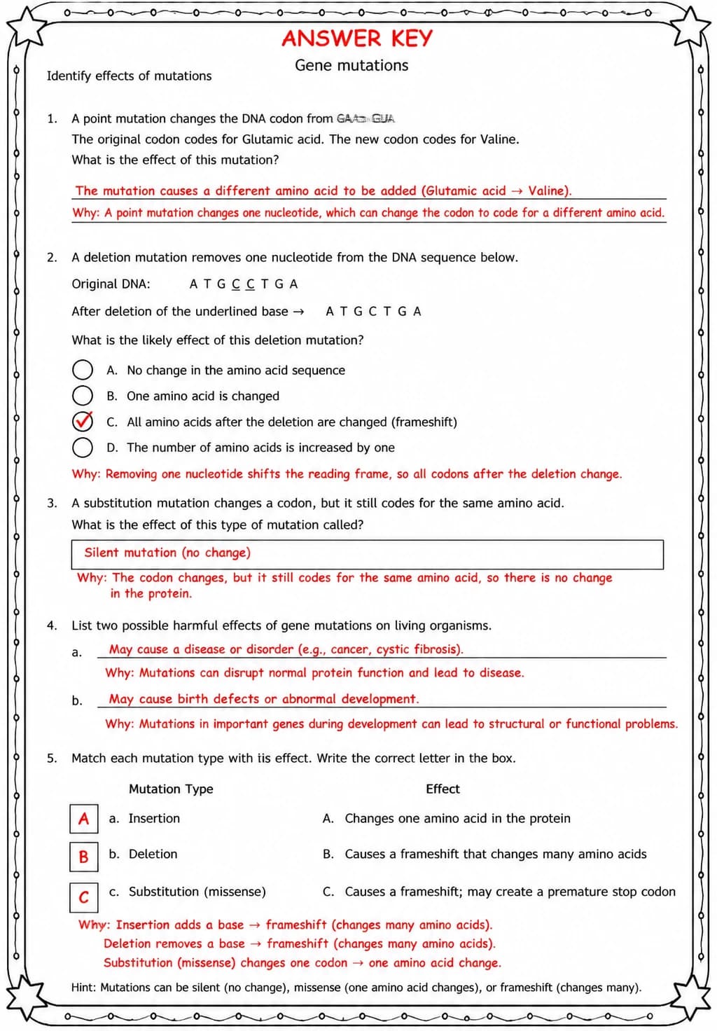 Answer key for Identify effects of mutations — free printable Science worksheet
