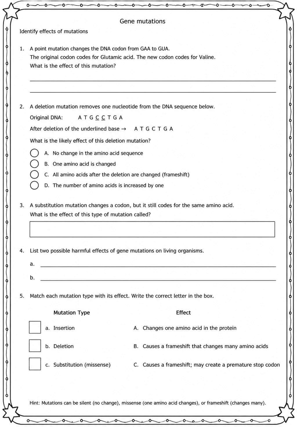 Identify effects of mutations — free printable Middle School Science worksheet