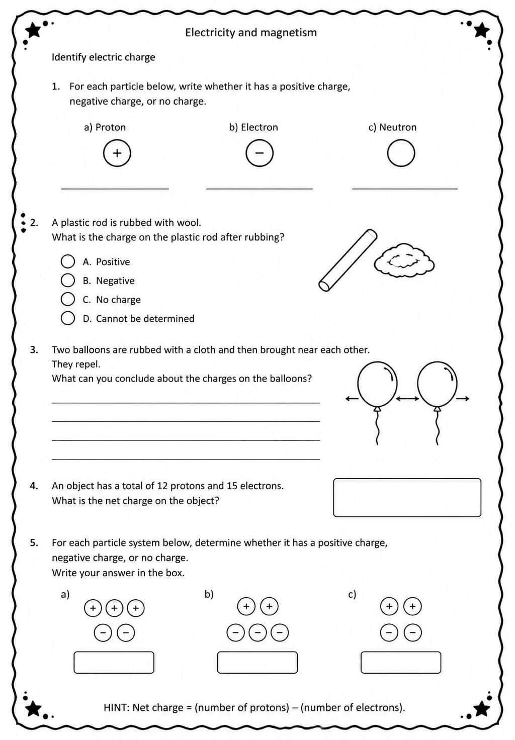 Identify electric charge — free printable High School Science worksheet