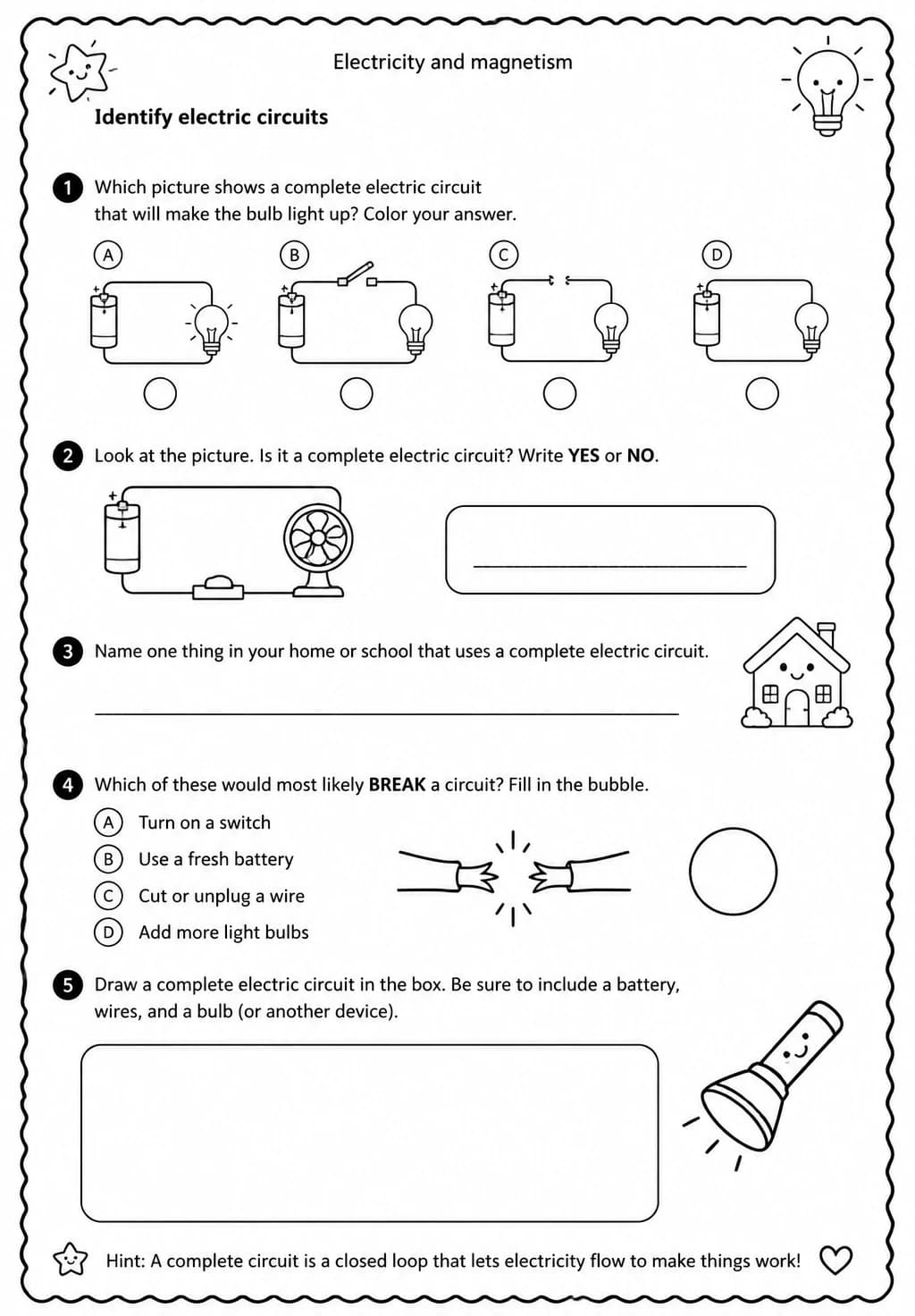 Identify electric circuits — free printable Grade 3 Science worksheet