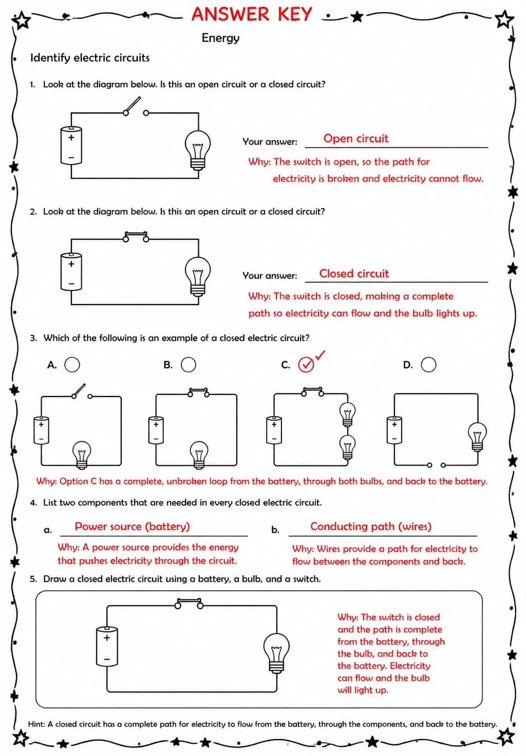 Answer key for Identify electric circuits — free printable Science worksheet
